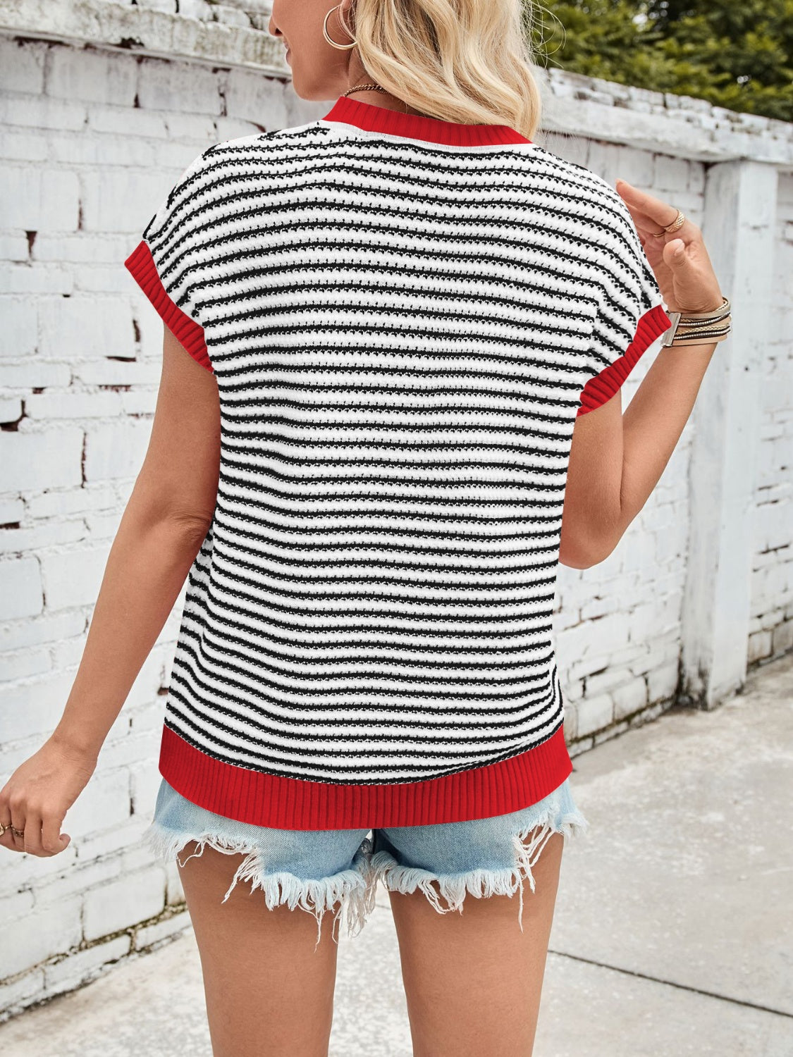 Lovelet Striped Round Neck Cap Sleeve Sweater