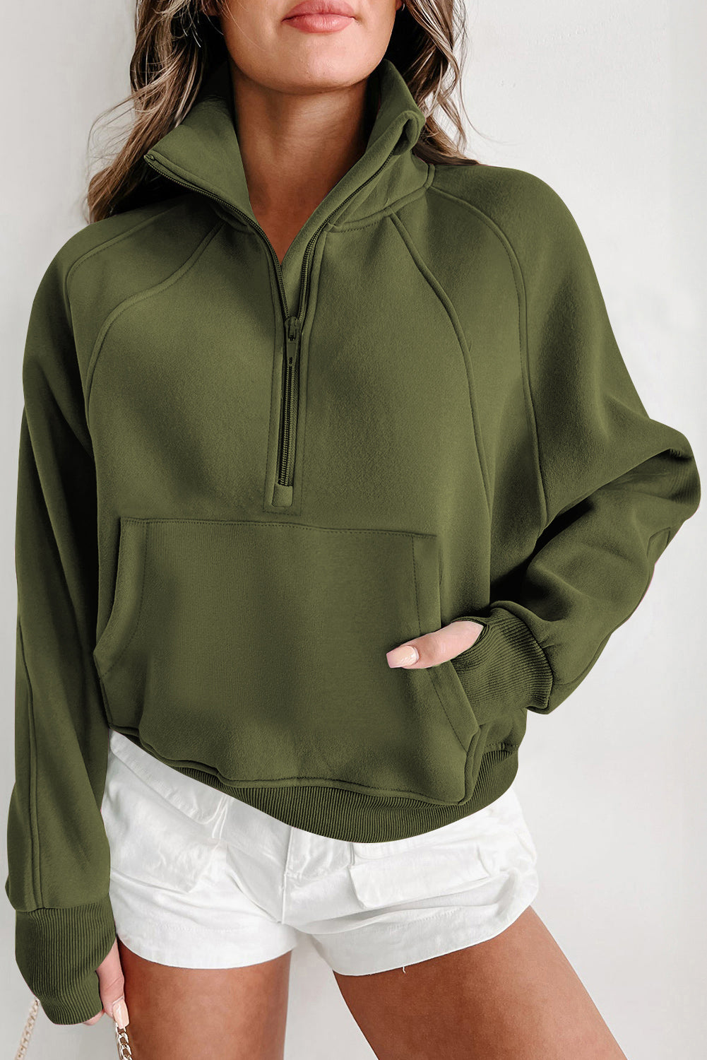 Bonbon Fleece Lined Zip Up Stand Collar Thumbhole Sleeve Sweatshirt