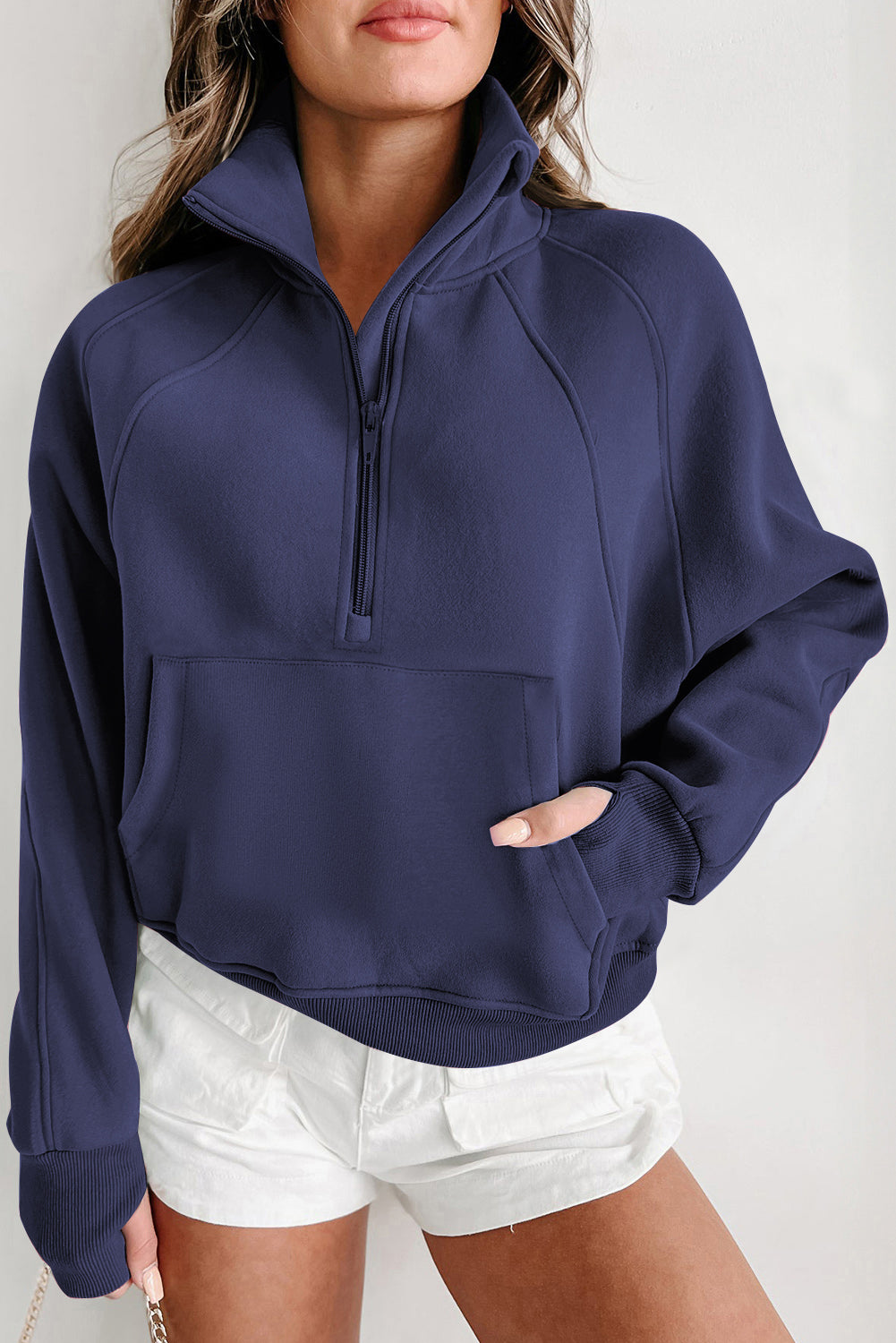 Bonbon Fleece Lined Zip Up Stand Collar Thumbhole Sleeve Sweatshirt