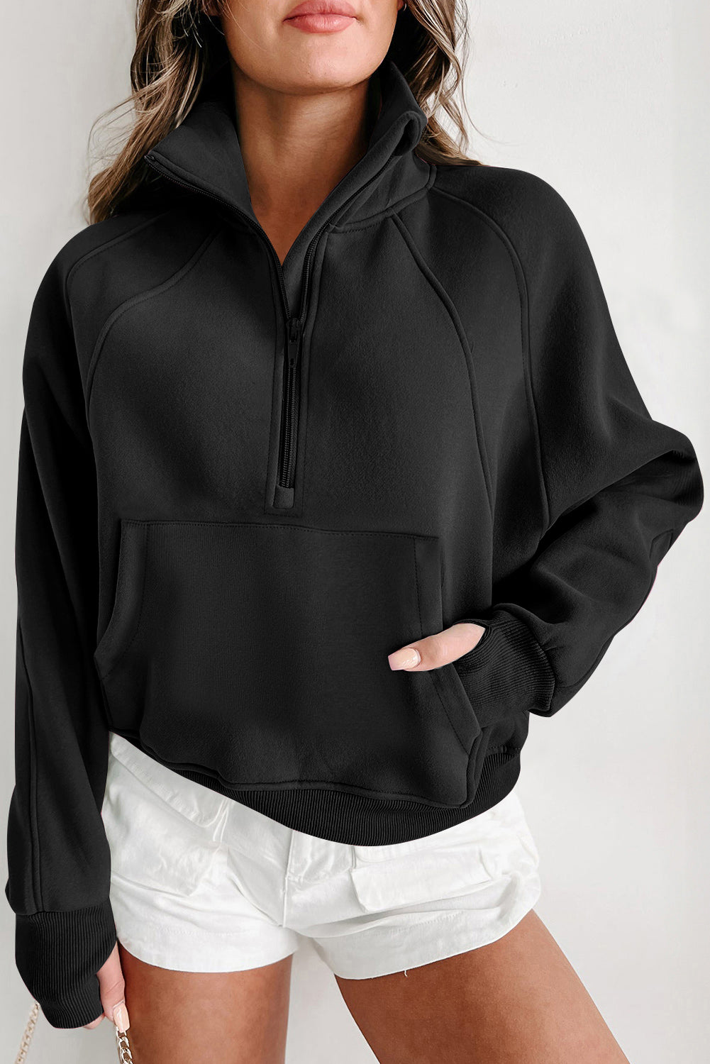 Bonbon Fleece Lined Zip Up Stand Collar Thumbhole Sleeve Sweatshirt