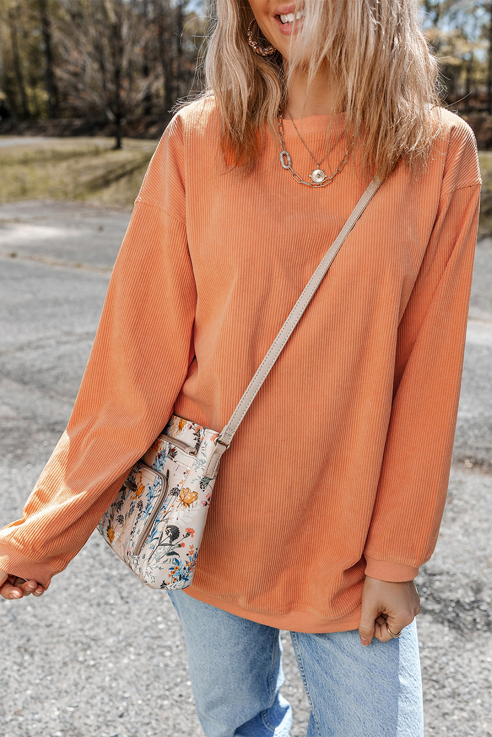 Orange Ribbed Corduroy Oversized Sweatshirt