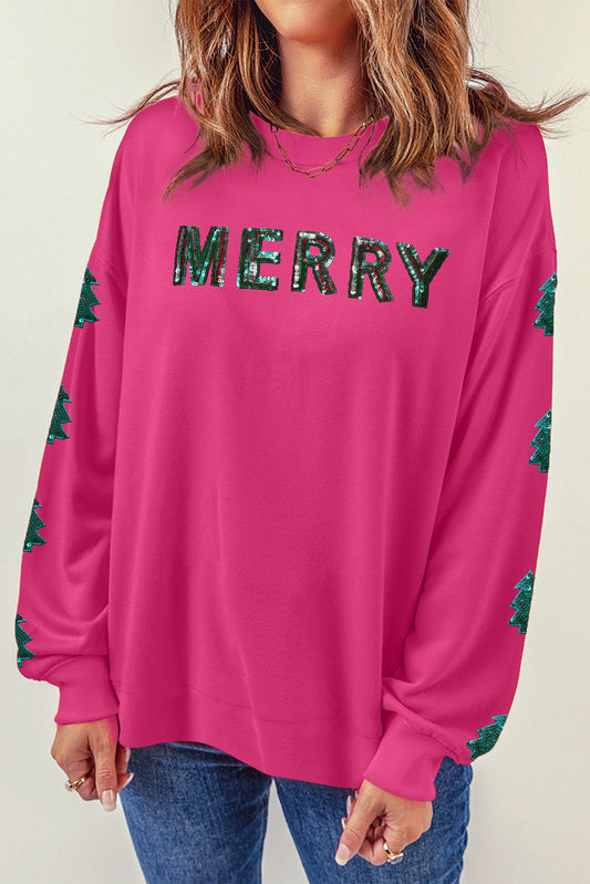 Strawberry Pink MERRY Christmas Tree Sequin Patchwork Sweatshirt