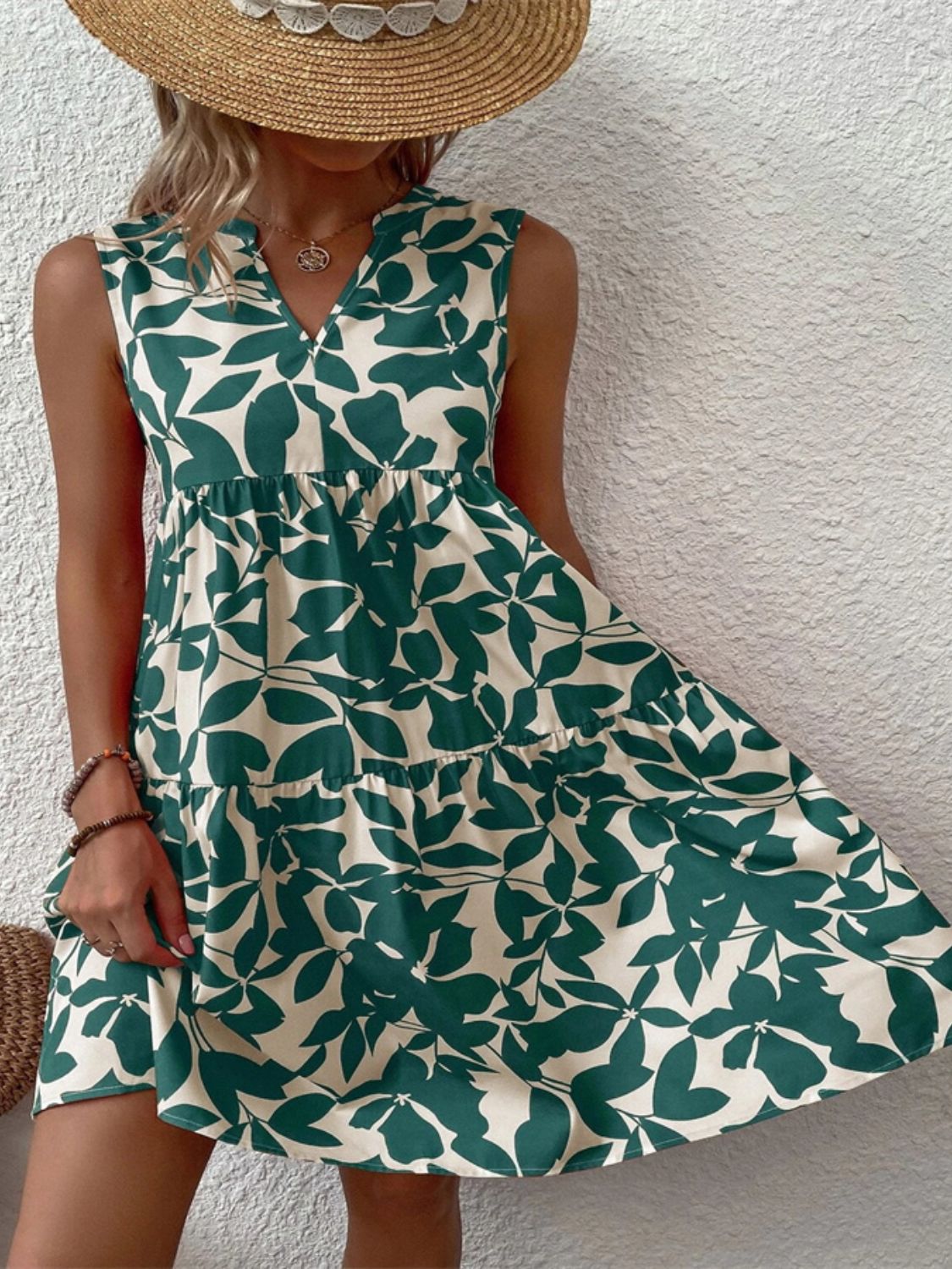 Printed Notched Sleeveless Mini Dress